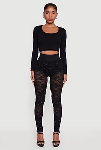 Womens Rhinestone Laser Cut High Waisted Leggings, Black, Size L