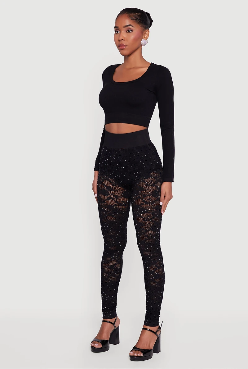 Womens Rhinestone Laser Cut High Waisted Leggings, Black, Size XL