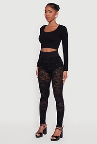 Womens Rhinestone Laser Cut High Waisted Leggings, Black, Size XL