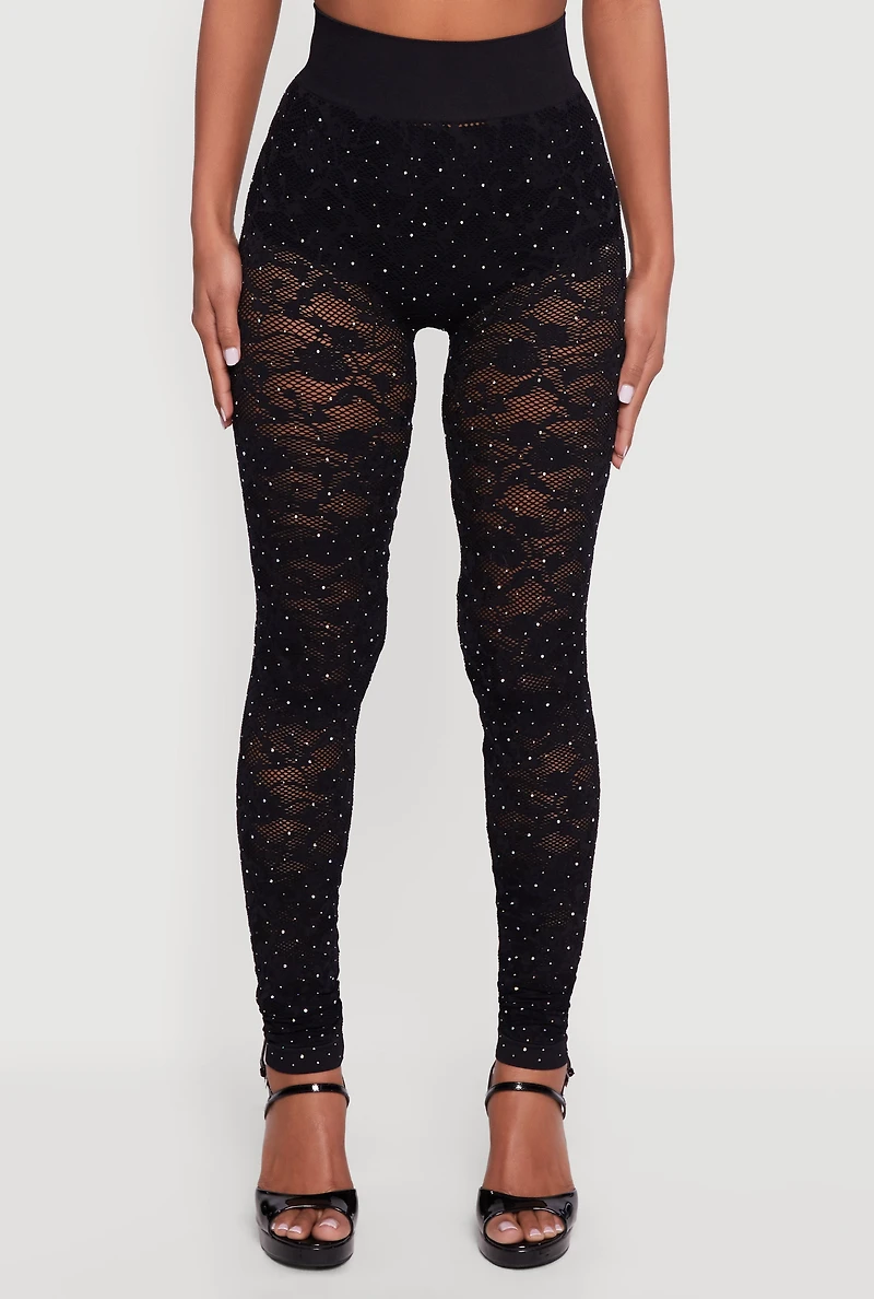 Womens Rhinestone Laser Cut High Waisted Leggings, Black, Size L