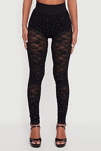Womens Rhinestone Laser Cut High Waisted Leggings, Black, Size L