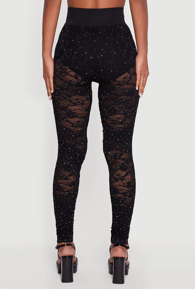 Womens Rhinestone Laser Cut High Waisted Leggings, Black, Size L