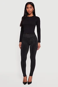 Womens Lurex High Waisted Ribbed Knit Leggings, Black, Size S