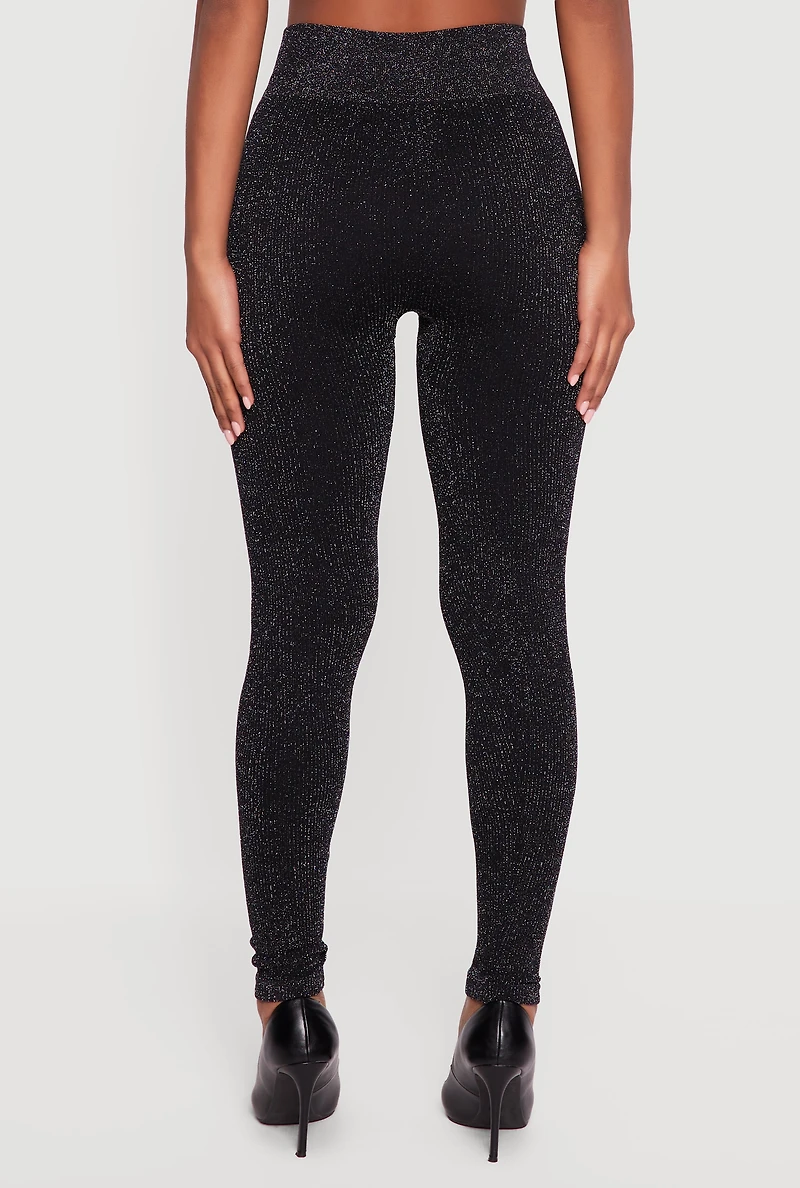 Womens Lurex High Waisted Ribbed Knit Leggings, Black, Size S