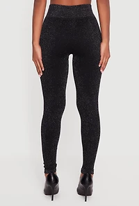 Womens Lurex High Waisted Ribbed Knit Leggings, Black, Size S