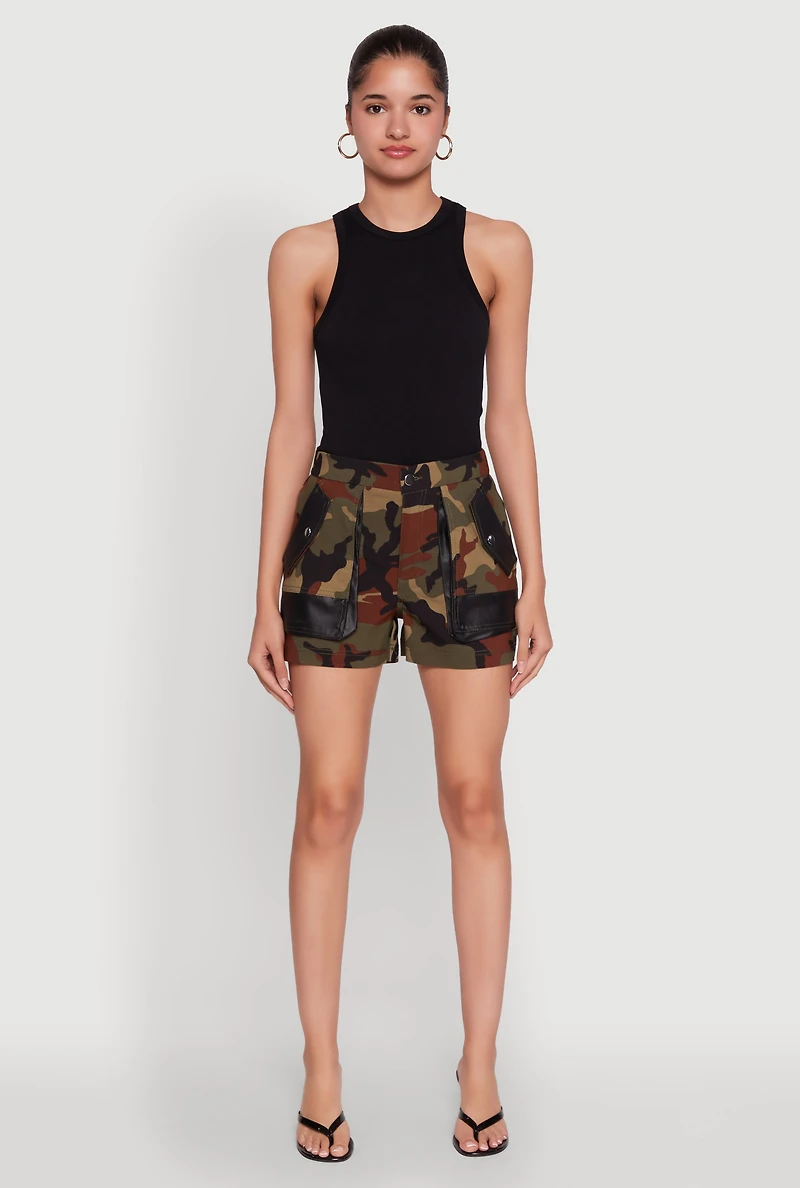 Womens Camouflage Shorts with Faux Leather Contrast Trim, Green, Size M