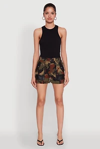 Womens Camouflage Shorts with Faux Leather Contrast Trim, Green, Size M