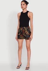 Womens Camouflage Shorts with Faux Leather Contrast Trim, Green, Size M