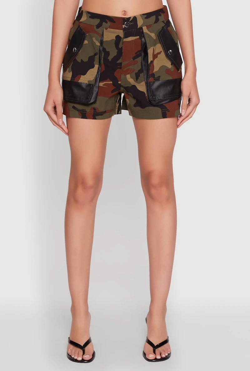 Womens Camouflage Shorts with Faux Leather Contrast Trim, Green, Size M