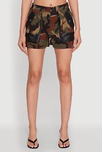 Womens Camouflage Shorts with Faux Leather Contrast Trim, Green, Size M