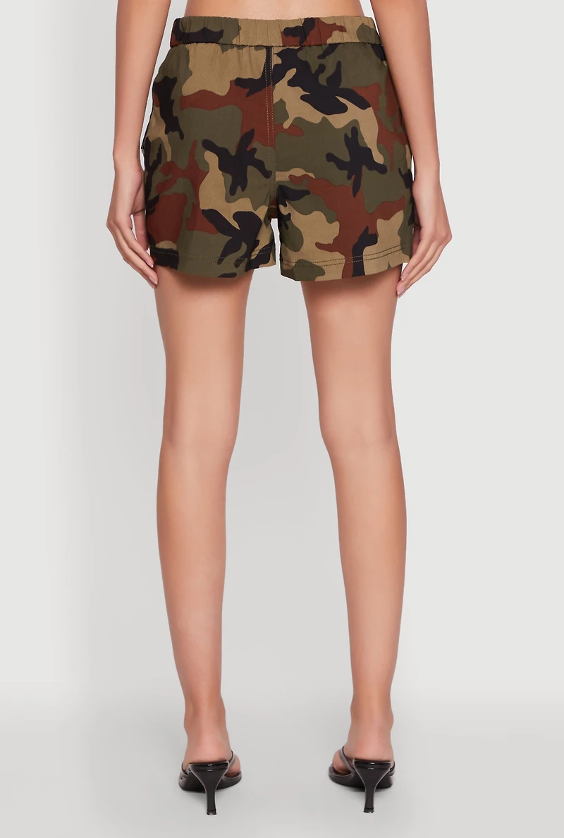 Womens Camouflage Shorts with Faux Leather Contrast Trim, Green, Size M