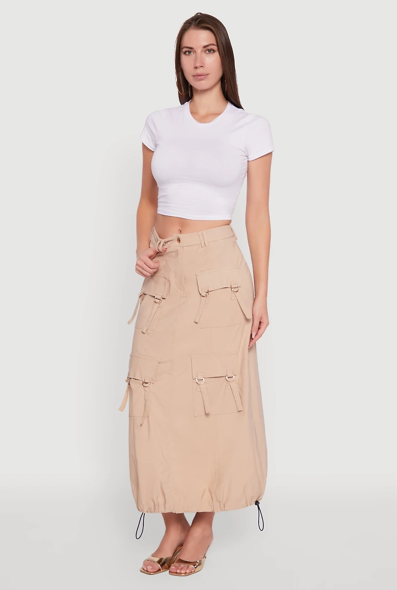 Womens High Waisted Solid Maxi Skirt with Cargo Pockets, Khaki, Size M