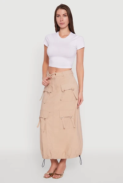 Womens High Waisted Solid Maxi Skirt with Cargo Pockets, Khaki, Size M