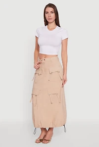 Womens High Waisted Solid Maxi Skirt with Cargo Pockets, Khaki, Size M