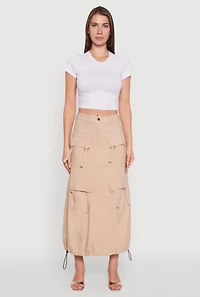 Womens High Waisted Solid Maxi Skirt with Cargo Pockets, Khaki, Size M