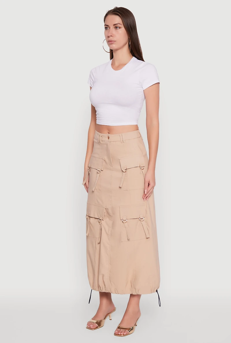 Womens High Waisted Solid Maxi Skirt with Cargo Pockets, Khaki, Size M