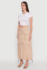 Womens High Waisted Solid Maxi Skirt with Cargo Pockets, Khaki, Size M