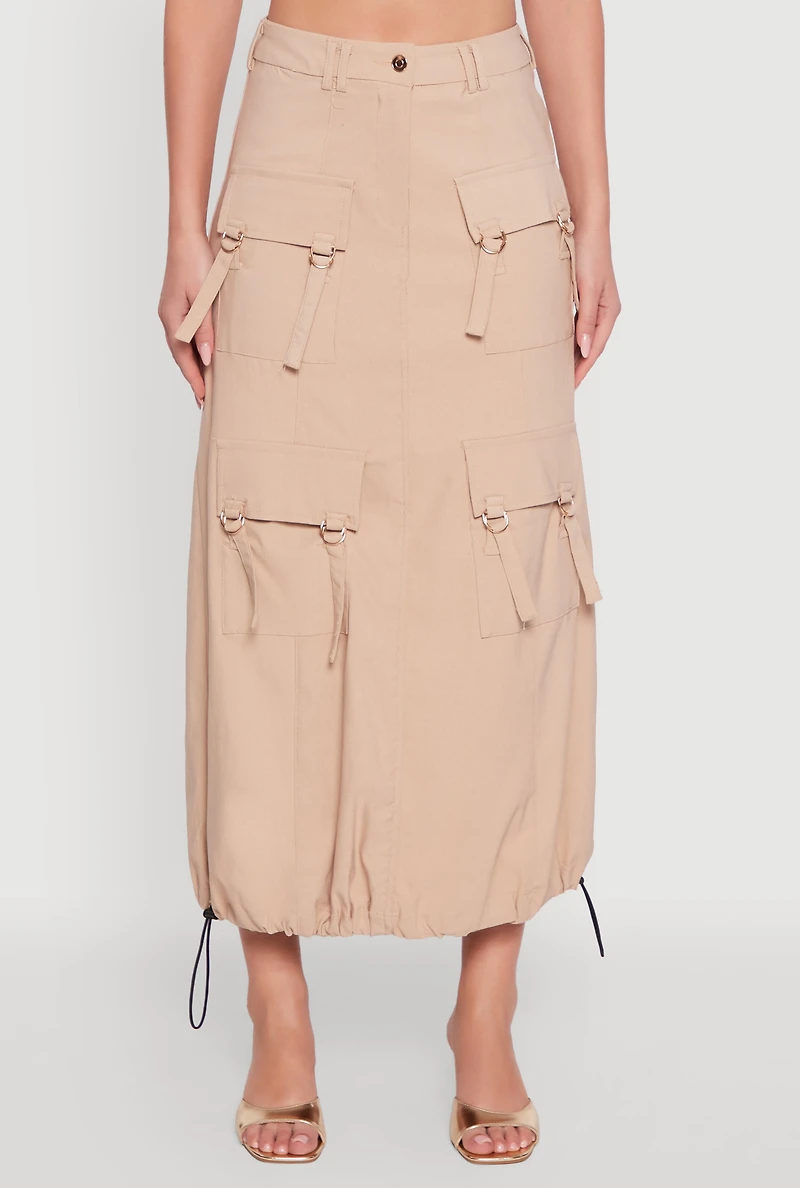 Womens High Waisted Solid Maxi Skirt with Cargo Pockets, Khaki, Size M