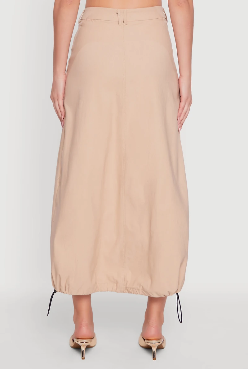 Womens High Waisted Solid Maxi Skirt with Cargo Pockets, Khaki, Size M