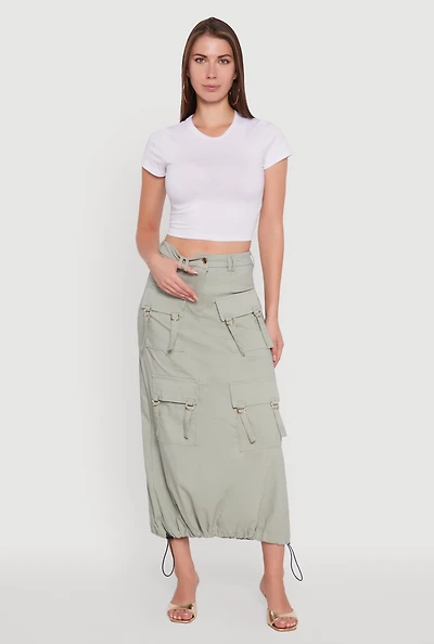 Womens High Waisted Solid Maxi Skirt with Cargo Pockets,