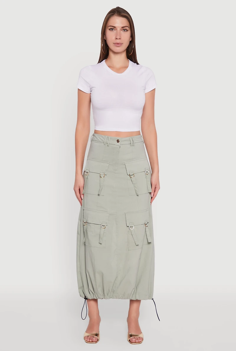 Womens High Waisted Solid Maxi Skirt with Cargo Pockets, S