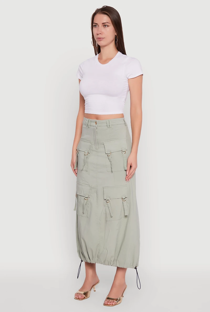 Womens High Waisted Solid Maxi Skirt with Cargo Pockets, S
