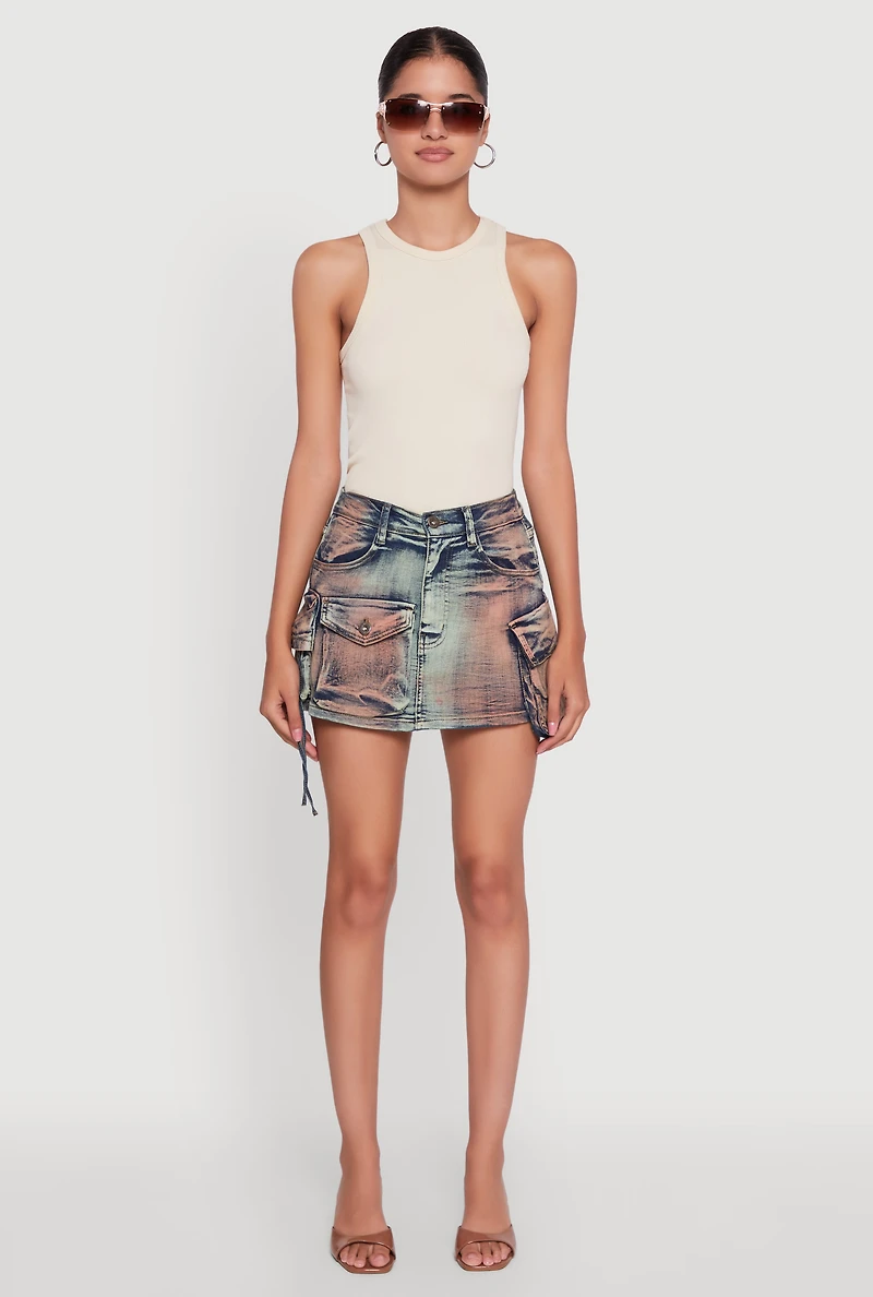 Womens Trendy Acid Wash High Waisted Denim Mini Skirt, Multi, Size L