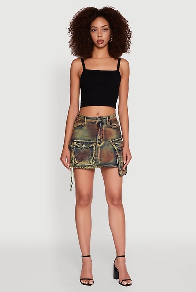 Womens Daisy Acid Wash Cargo Pocket Mini Denim Skirt, Multi, Size L