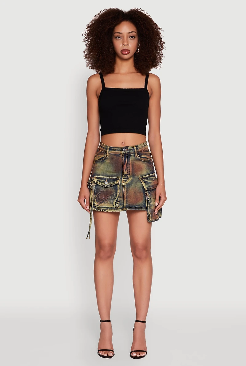 Womens Daisy Acid Wash Cargo Pocket Mini Denim Skirt, Multi, Size XL