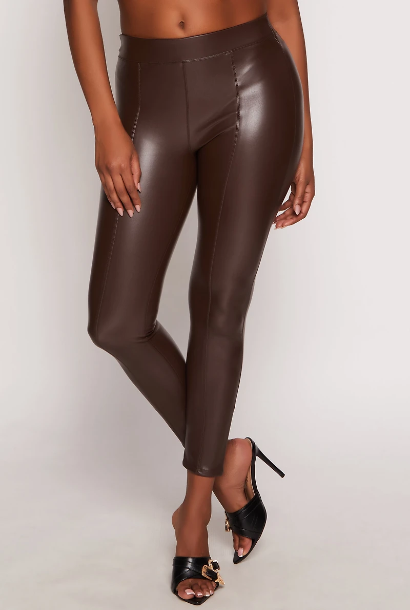 Womens Ambiance Faux Leather Pintuck Leggings, Brown,