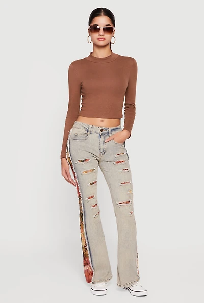Tapestry Jacquard Patchwork Distressed Flare Jeans