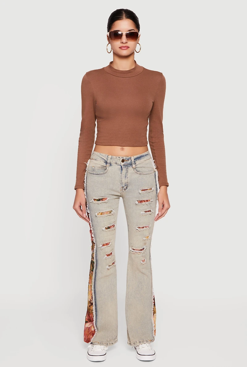 Tapestry Jacquard Patchwork Distressed Flare Jeans