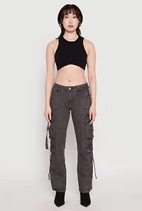 Womens Acid Wash Low Rise Cargo Jeans, Grey, Size XL