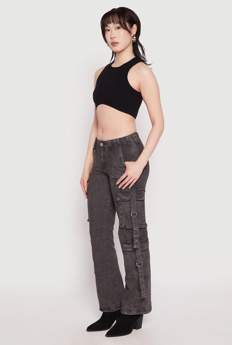 Womens Acid Wash Low Rise Cargo Jeans, Grey, Size M