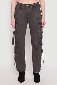 Womens Acid Wash Low Rise Cargo Jeans, Grey, Size S