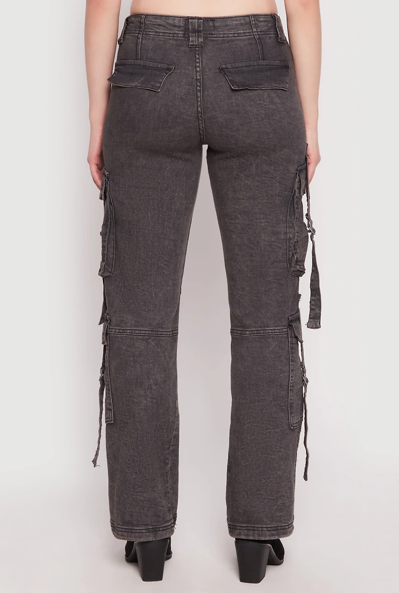 Womens Acid Wash Low Rise Cargo Jeans, Grey, Size XL