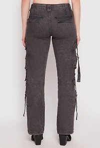 Womens Acid Wash Low Rise Cargo Jeans, Grey, Size XL