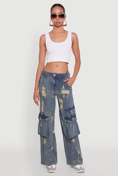 Womens Mineral Wash Distressed Frayed Wide Leg Utility Jeans, Blue, Size S