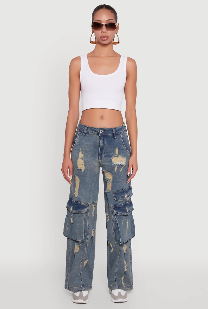 Womens Mineral Wash Distressed Frayed Wide Leg Utility Jeans, Blue, Size S
