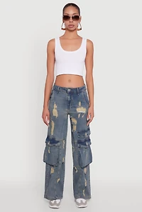 Womens Mineral Wash Distressed Frayed Wide Leg Utility Jeans, Blue, Size S