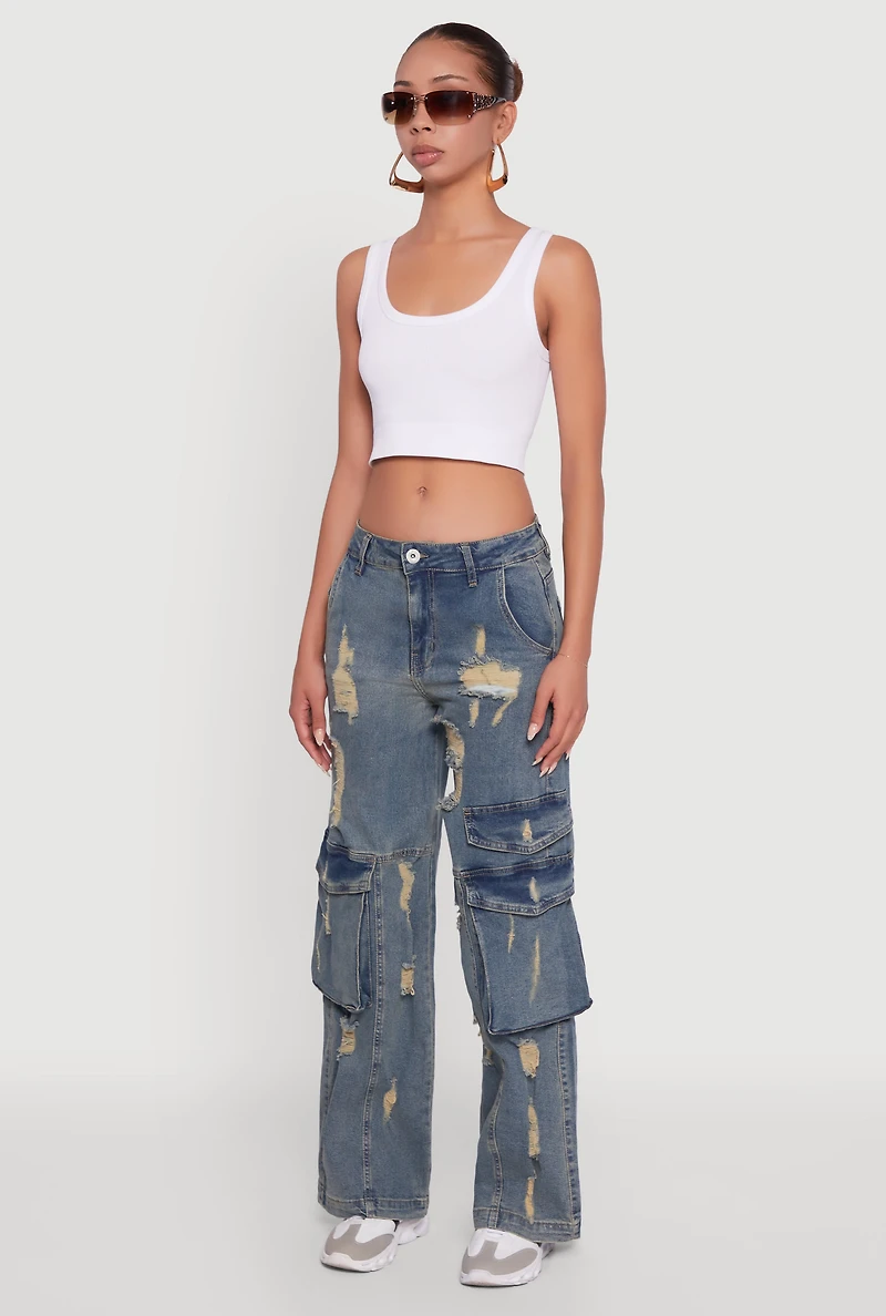 Womens Mineral Wash Distressed Frayed Wide Leg Utility Jeans, Blue, Size S