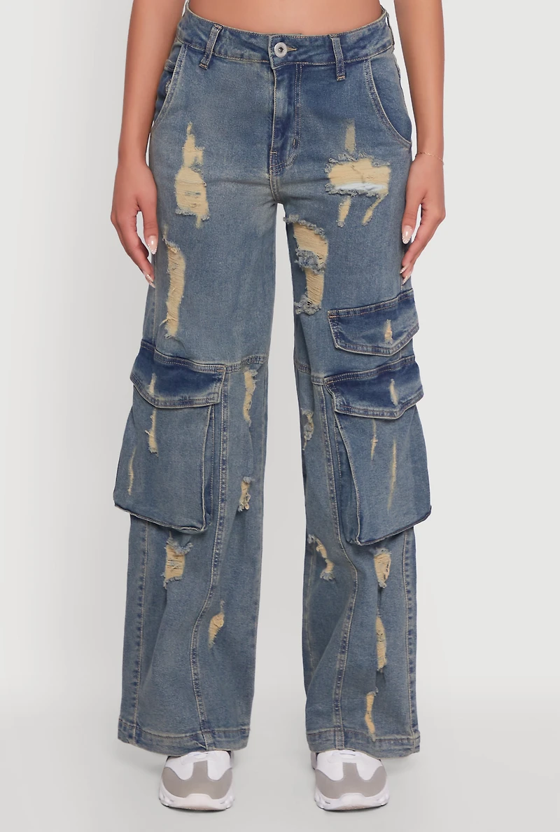 Womens Mineral Wash Distressed Frayed Wide Leg Utility Jeans, Blue, Size S