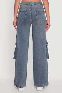 Womens Mineral Wash Distressed Frayed Wide Leg Utility Jeans, Blue, Size S