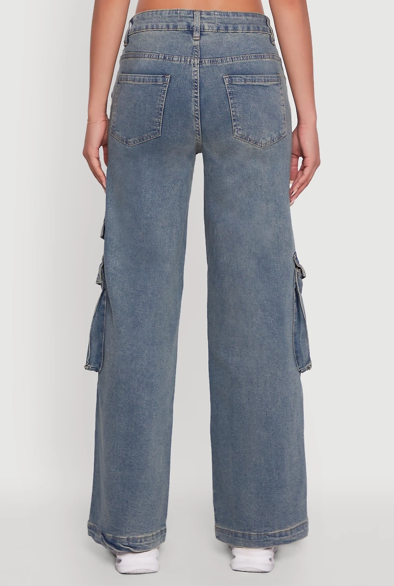 Womens Mineral Wash Distressed Frayed Wide Leg Utility Jeans, Blue, Size S