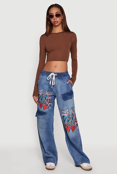Womens Trendy Graffiti Graphic Drawstring Waist Jeans, Blue, Size L