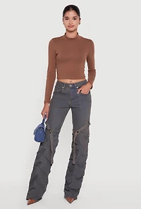 Pintuck Detail Stacked Straight Leg Jeans with Thigh Straps