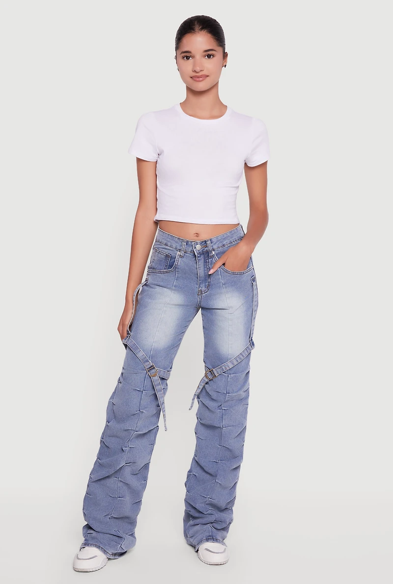 Womens Thigh Strap Stacked Straight Leg Jeans, Blue,