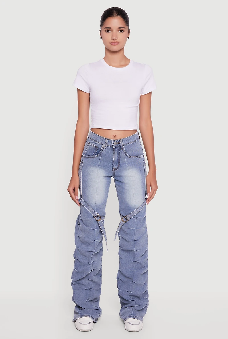 Womens Thigh Strap Stacked Straight Leg Jeans, Blue,