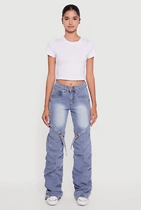 Womens Thigh Strap Stacked Straight Leg Jeans, Blue,