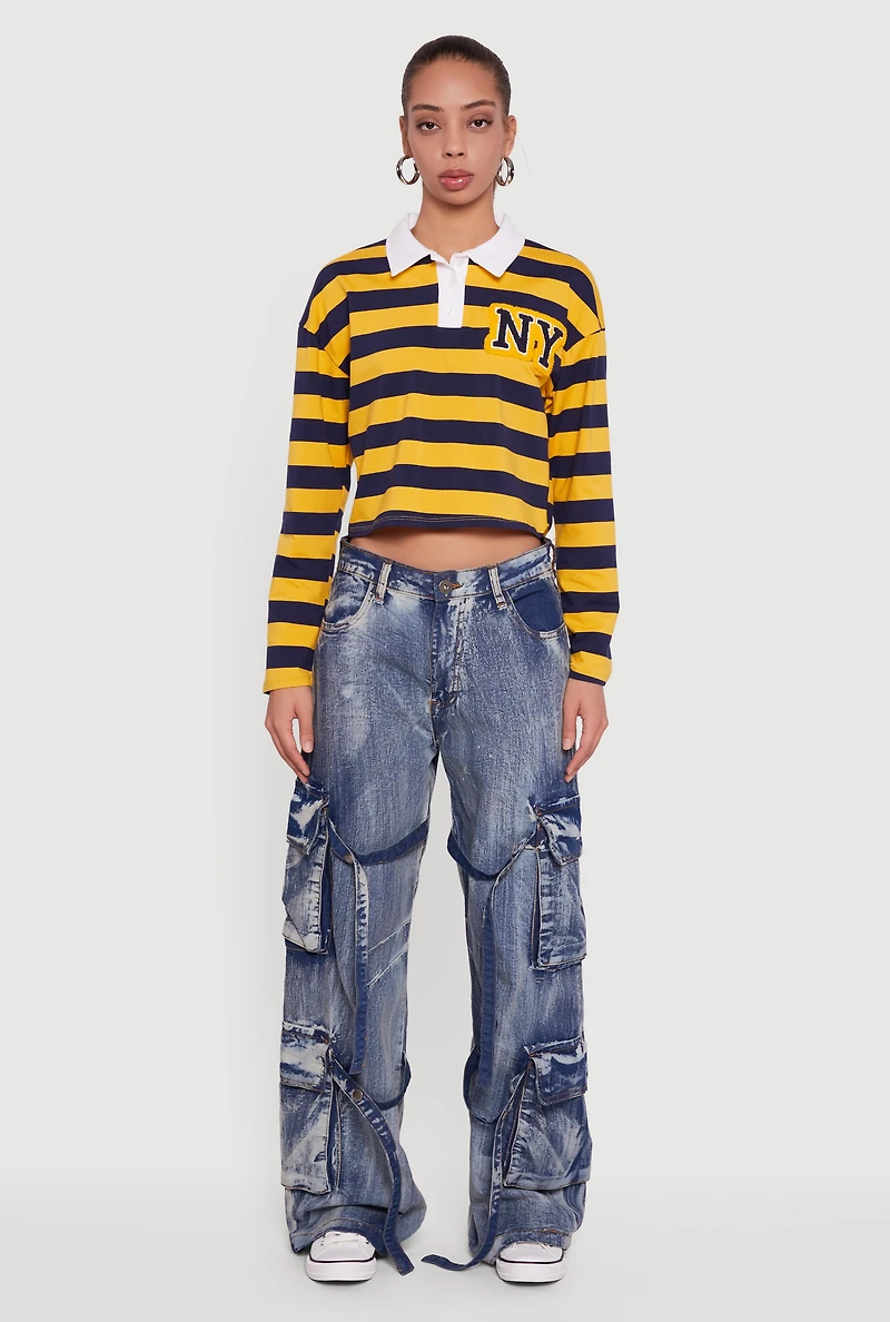 Acid Wash Wide Leg Strap Cargo Jeans